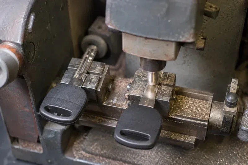 Two black-headed keys clamped in a bench machine, one beneath a vertical cutter, with metal shavings around the clamps. — Spare Car Key Duplication, Toronto